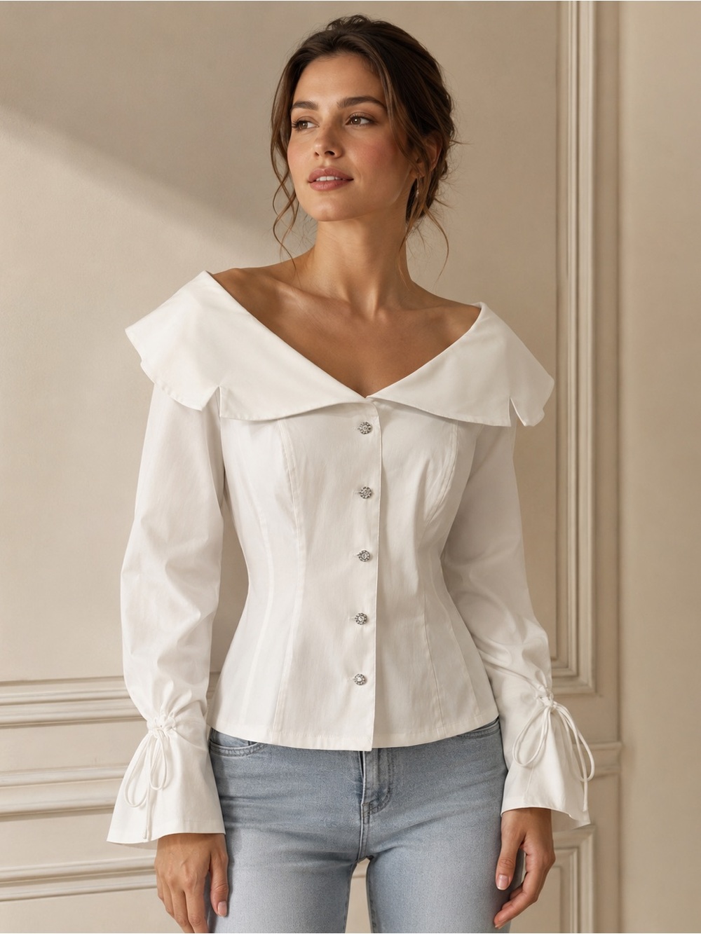 Vintage Victor Costa White Off Shoulder Statement Blouse Size 14 Rhinestone
